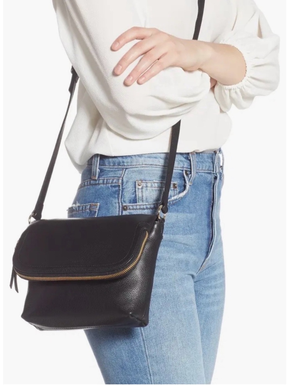 Nordstrom Black Leather Crossbody Bag with Gold Zip NWT